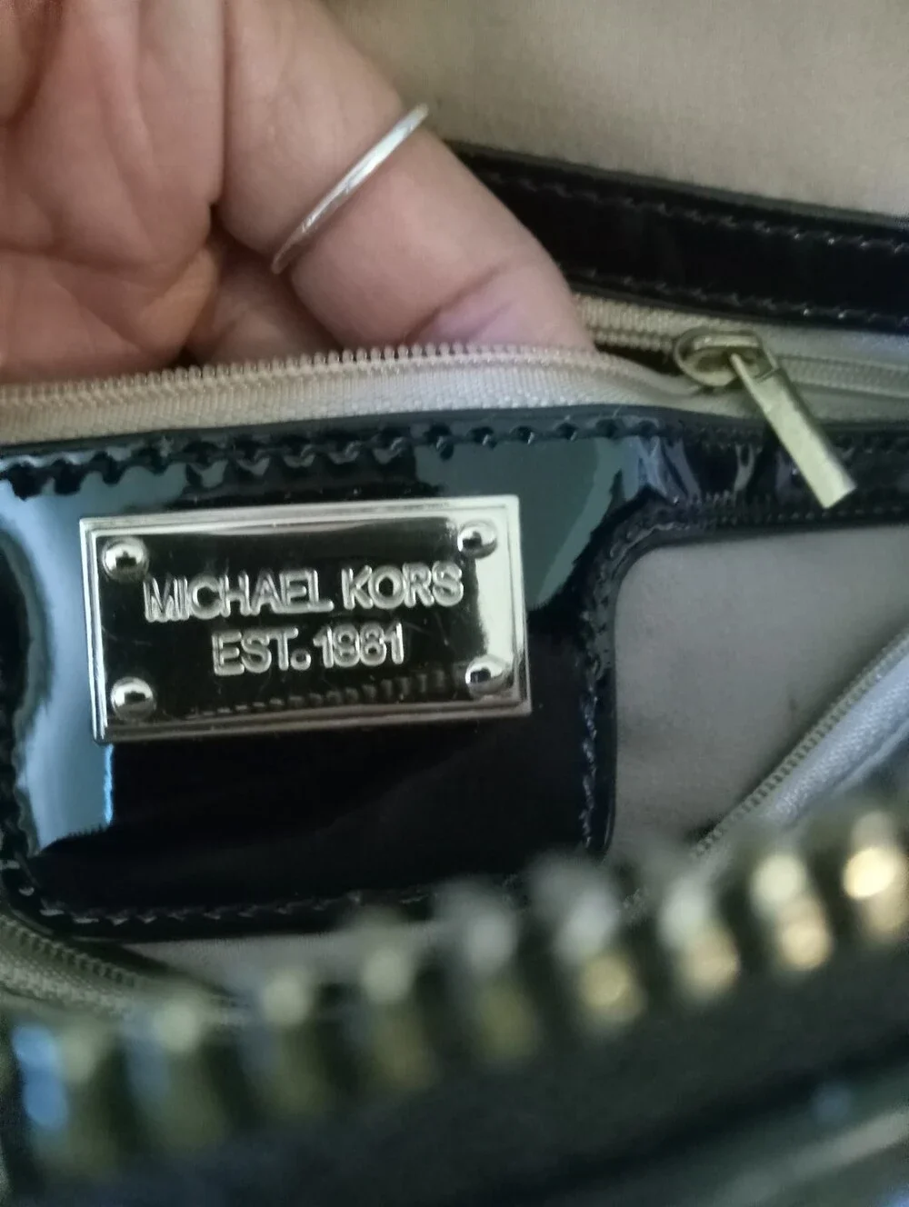 Michael Kors Black Leather/Patent Trim Dome Satchel with Gold Logo EUC